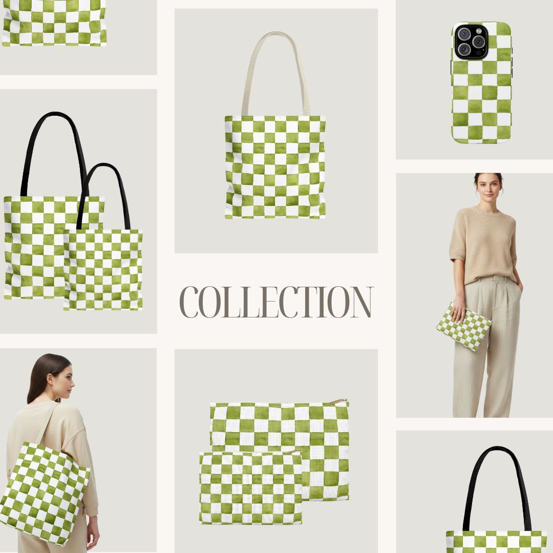 Green Checkered Print Makeup And Accessory Pouch