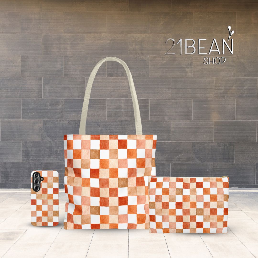 Orange Checkered Print Tote Bag