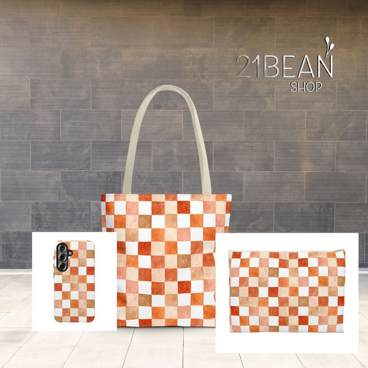 Orange Checkered Print Makeup And Accessory Pouch