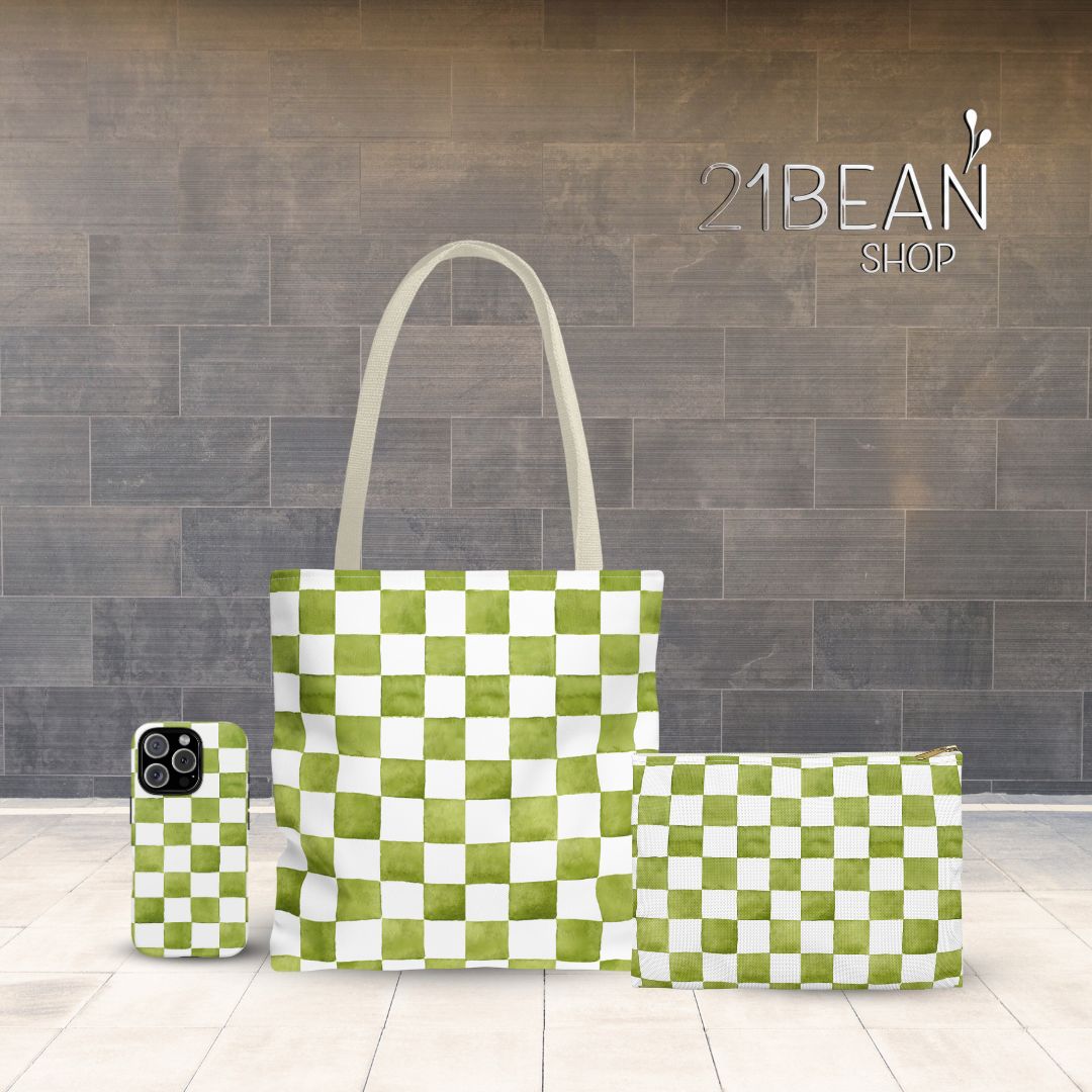 Green Checkered Print Tote Bag