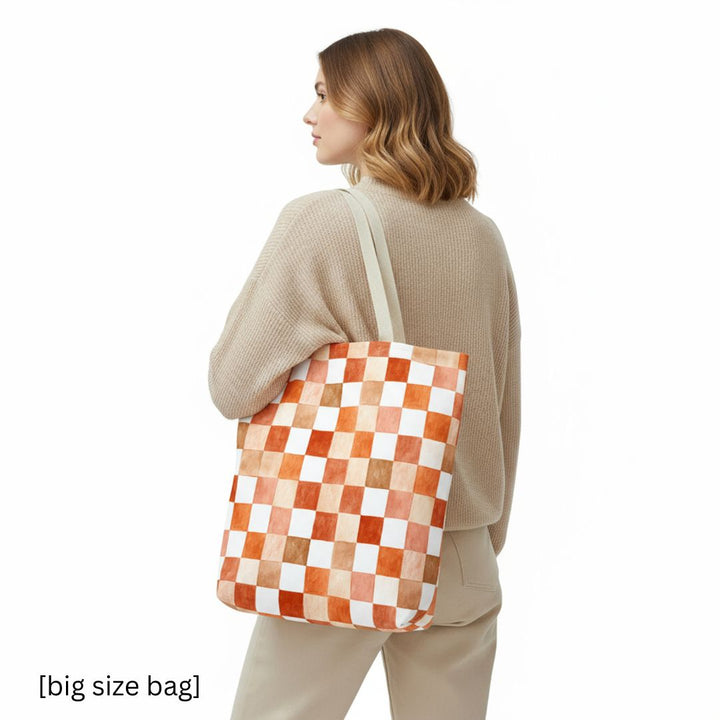 Orange Checkered Print Tote Bag