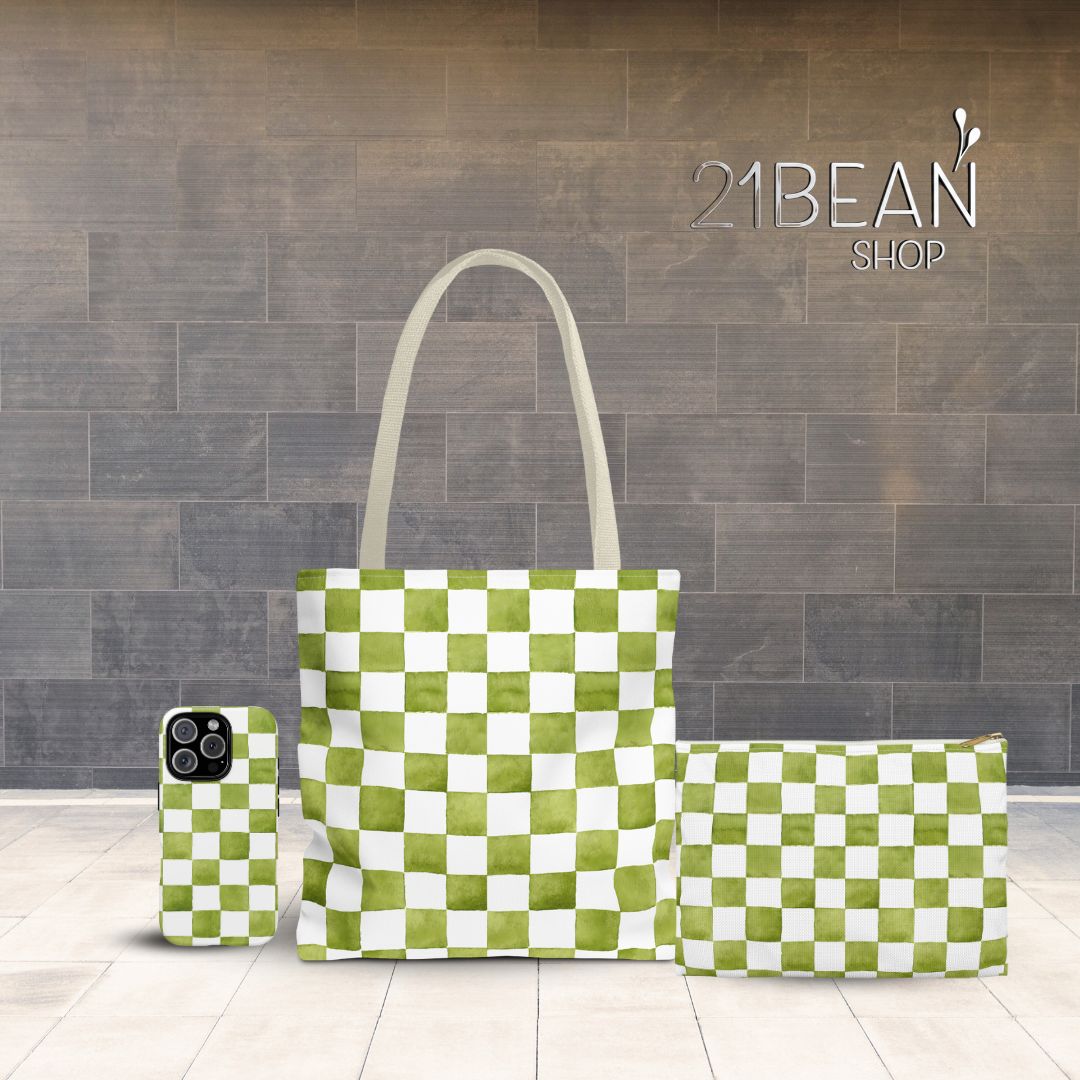 Green Checkered Print Makeup And Accessory Pouch