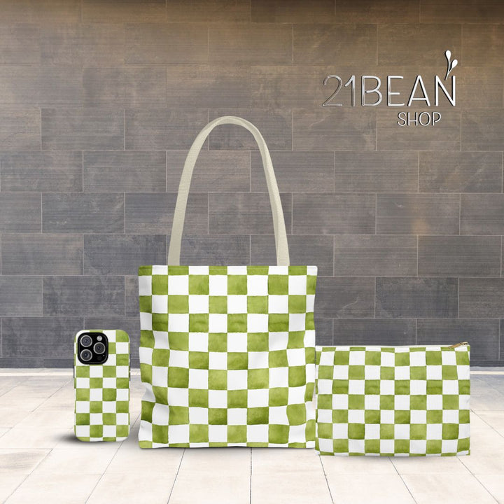 Green Checkered Print Makeup And Accessory Pouch