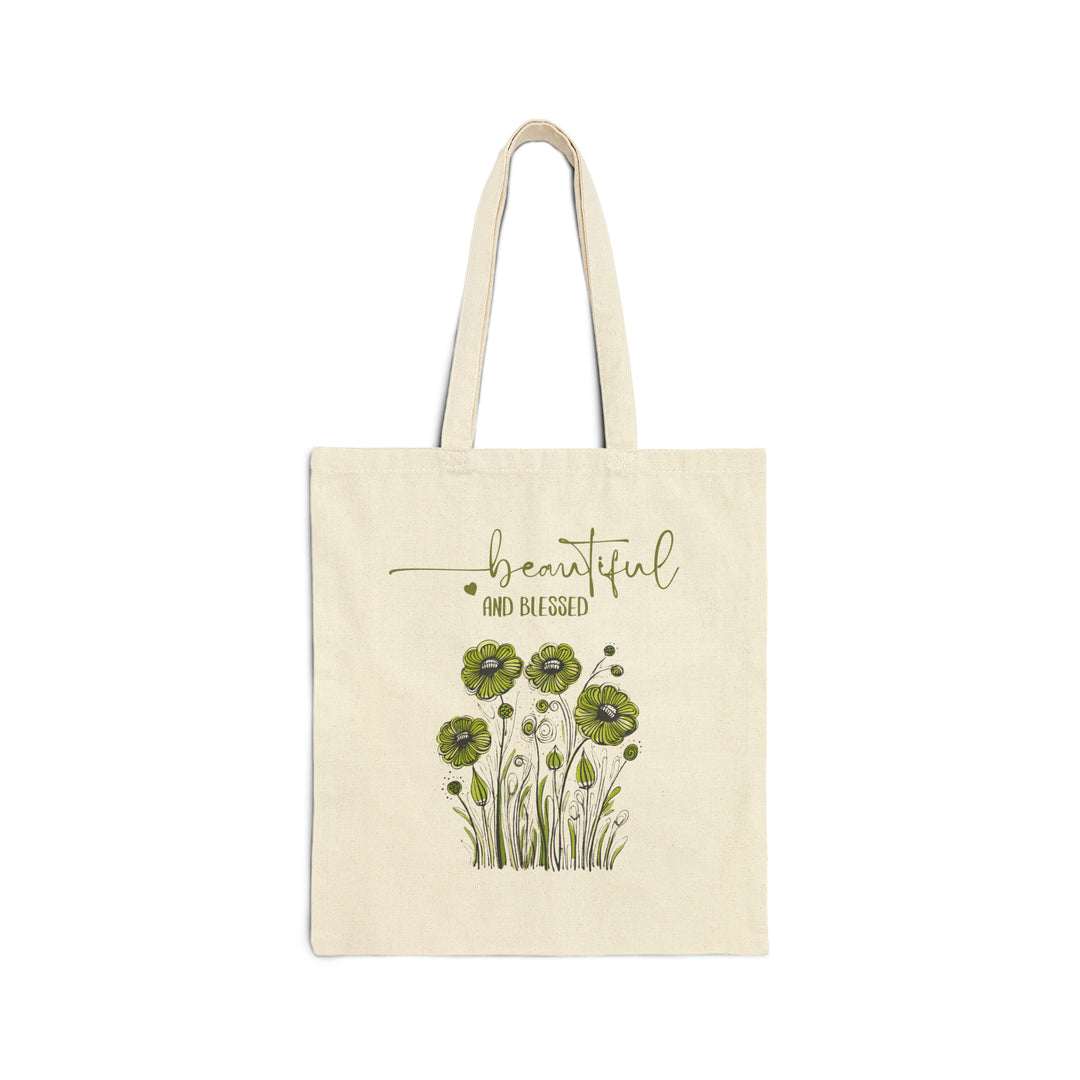Green Botanical Flowers Bouquet Cotton Canvas Tote Bag "Beautiful Blessed"