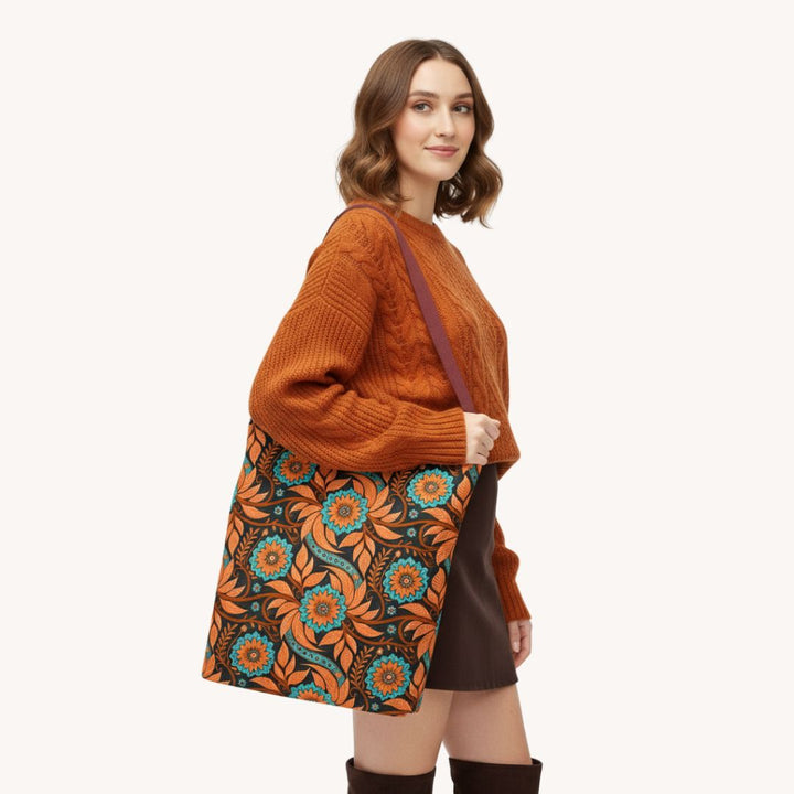 Modern Batik Print Tote Bag -  Orange Teal 3