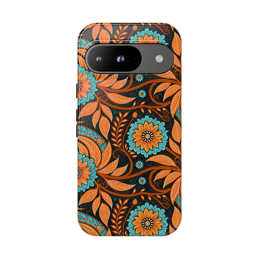 Modern Batik Pattern Tough Phone Cases Personalizable - Orange Teal 3