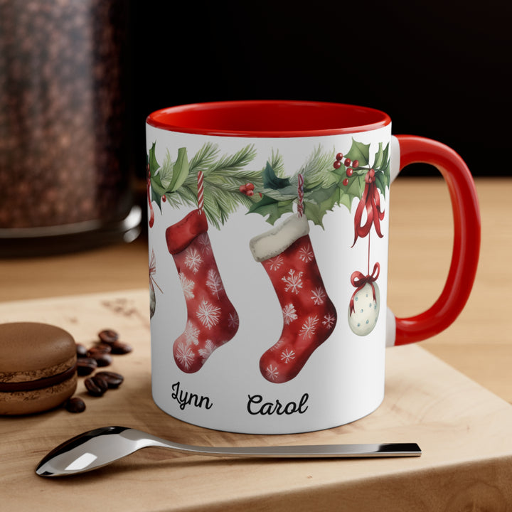 Personalized 11oz Ceramic Coffee Mug With Red And Green Holiday Stockings And Ornaments
