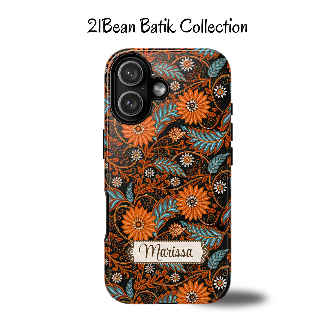 Modern Batik Pattern Tough Phone Cases Personalizable - Orange Teal 1