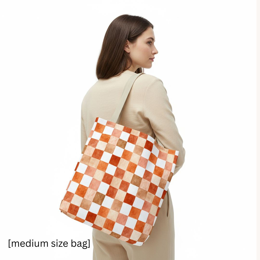 Orange Checkered Print Tote Bag
