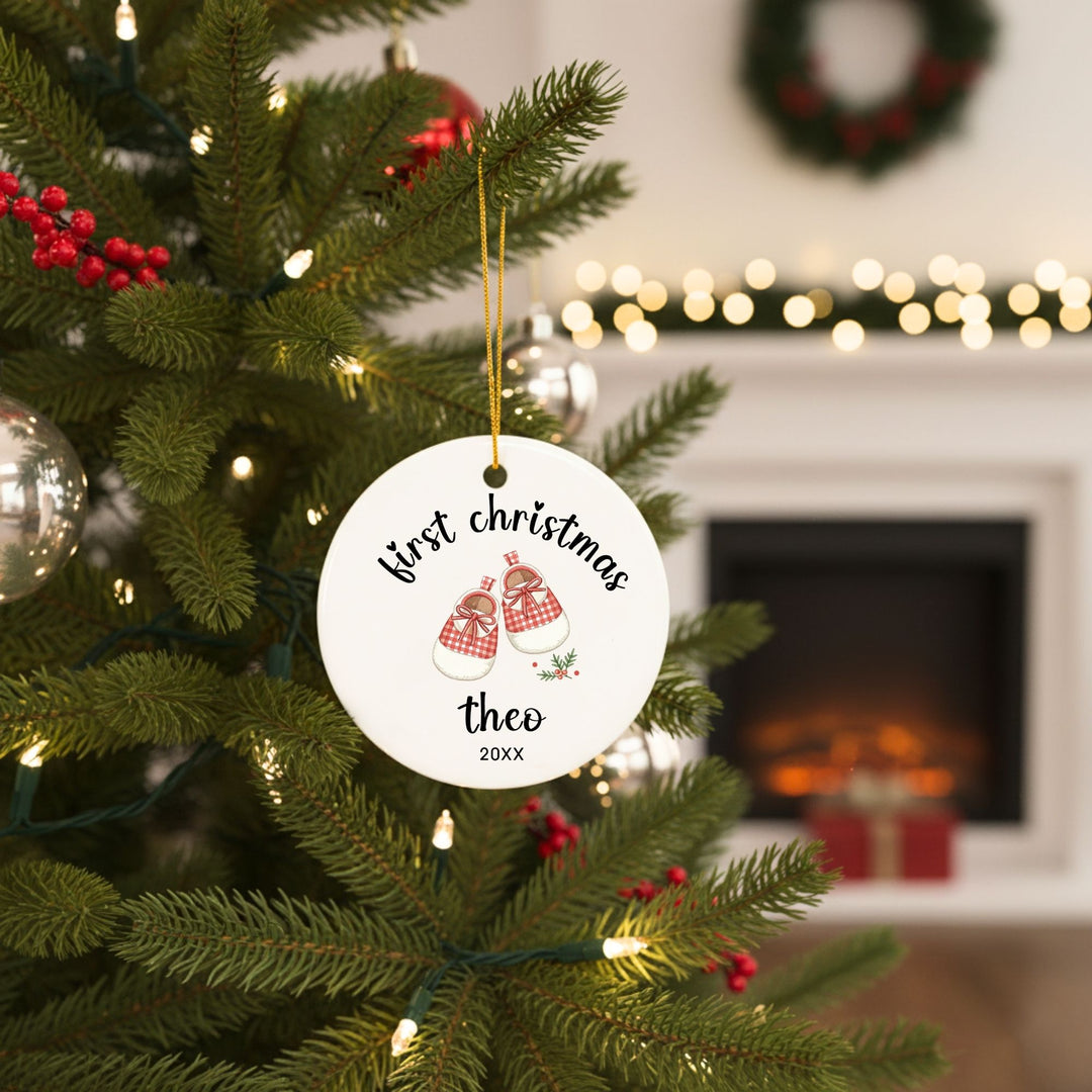 Personalized Christmas Ornament: Baby Shoes Gingham 1