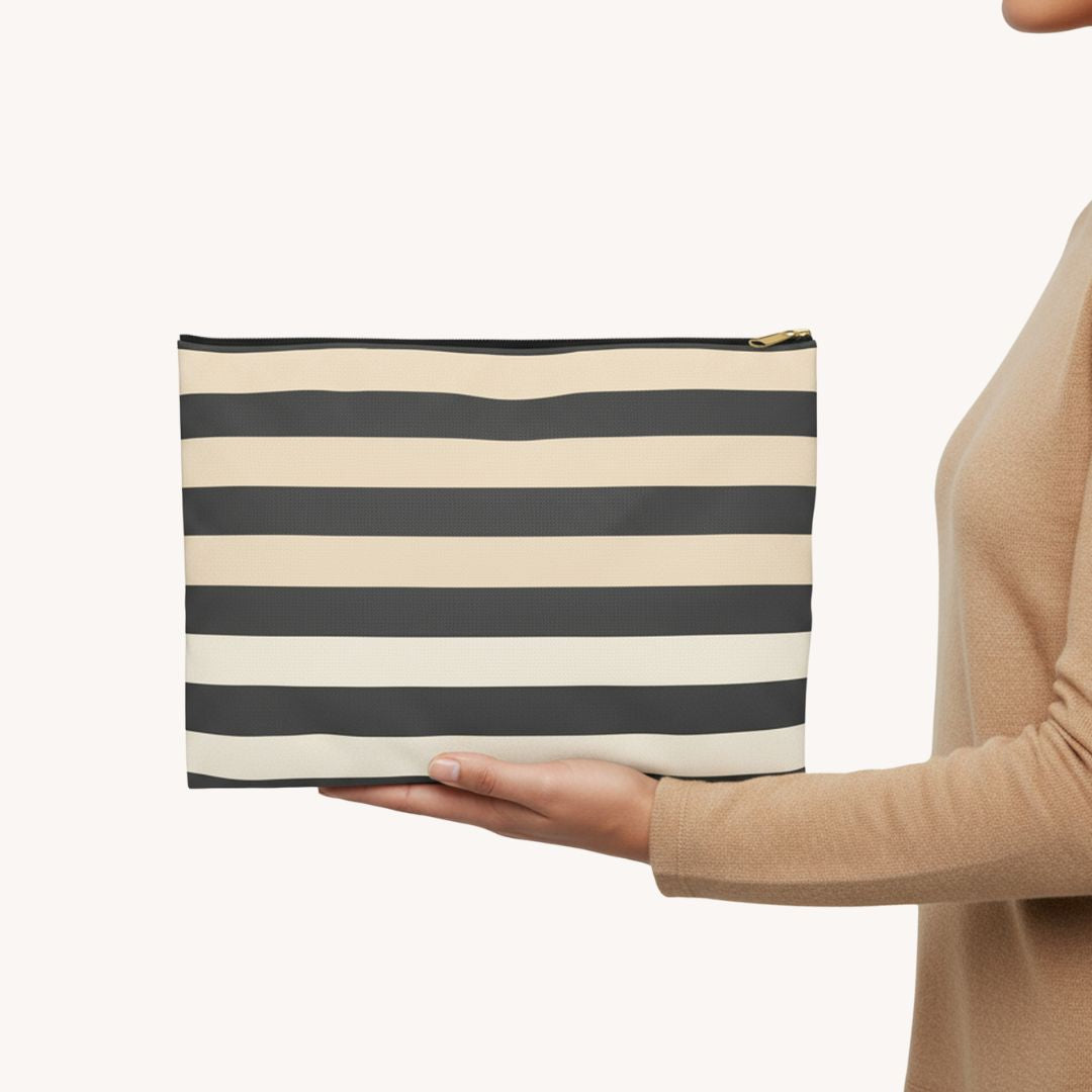 Brown Stripe Horizontal Print Makeup And Accessory Pouch