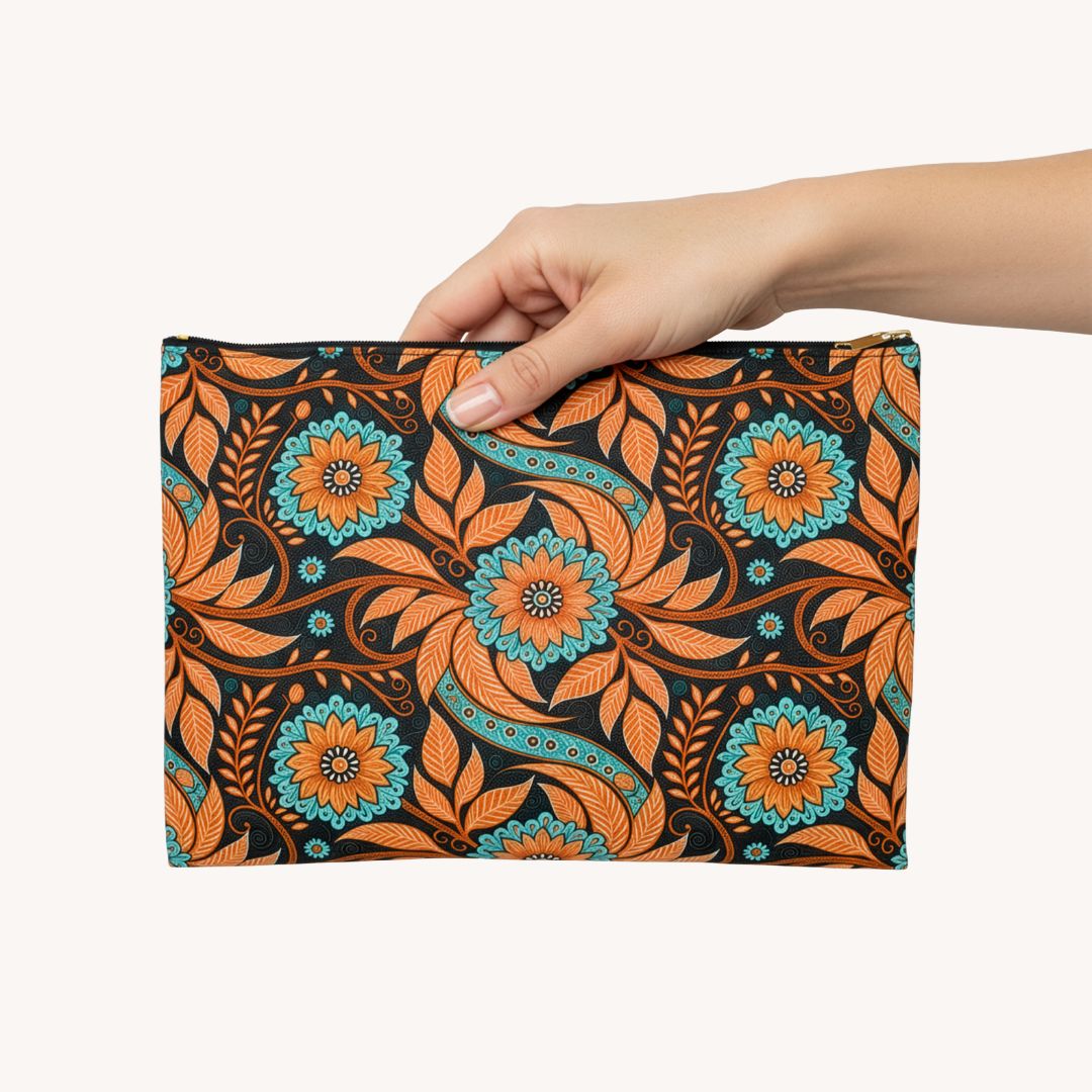Batik Print Makeup And Accessory Pouch - Orange Teal 3