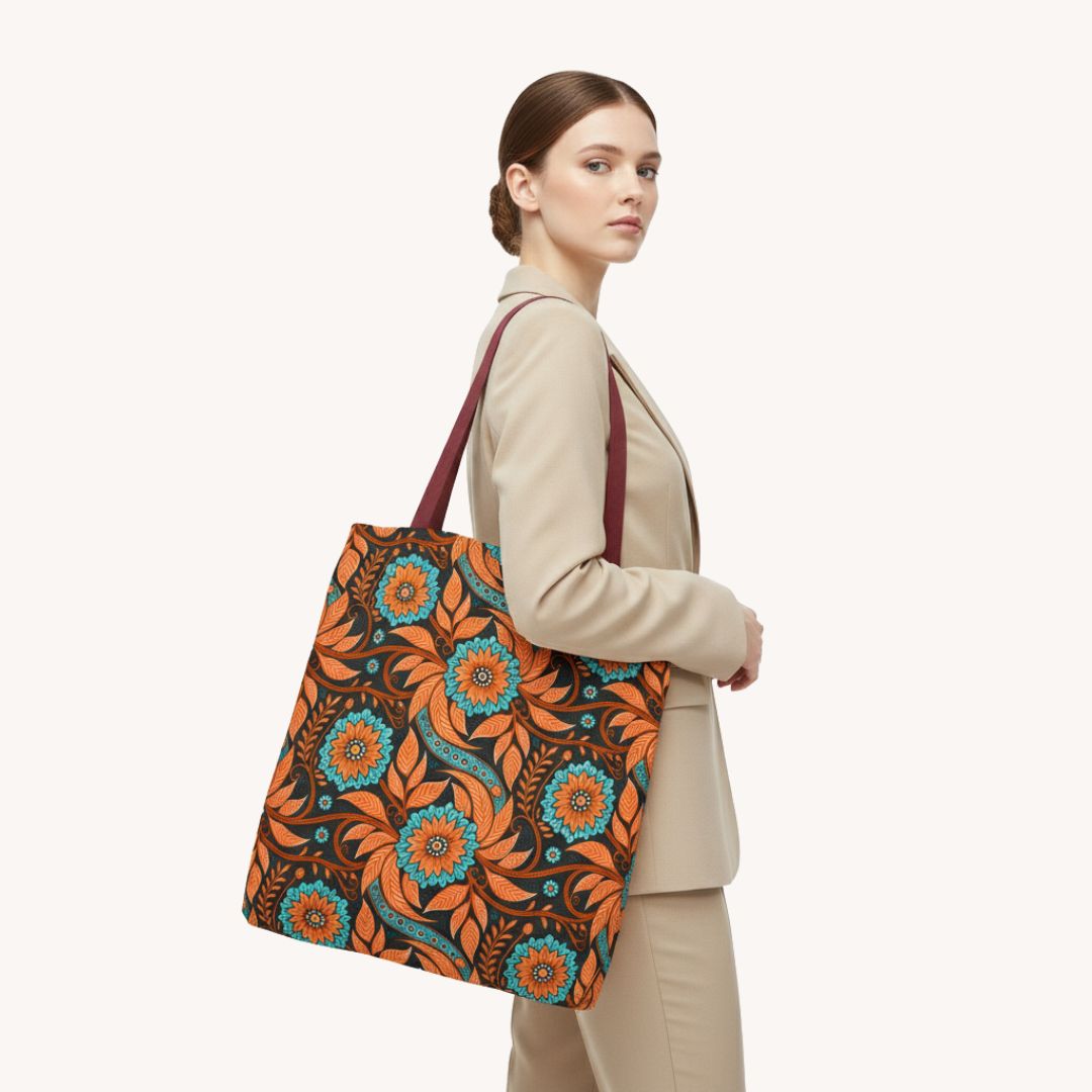 Modern Batik Print Tote Bag -  Orange Teal 3