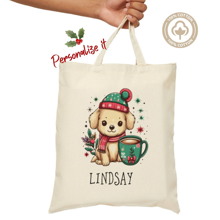 Personalized Cotton Canvas Tote Bag Christmas Cute Puppy