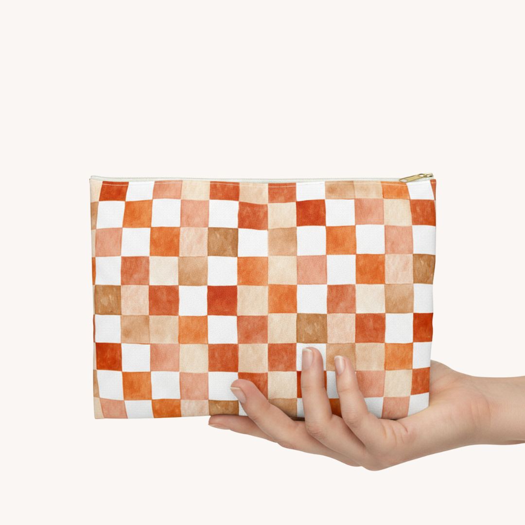 Orange Checkered Print Makeup And Accessory Pouch