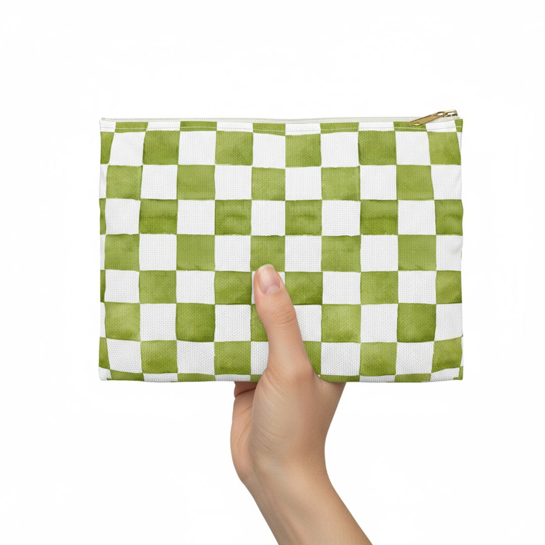 Green Checkered Print Makeup And Accessory Pouch
