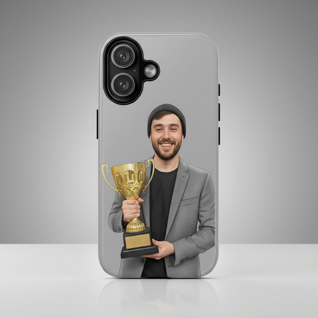 Phone case with a design of a man holding a trophy on a gray background