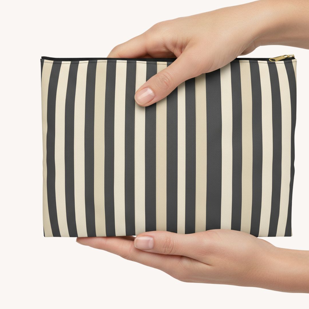 Brown Stripe Print Makeup And Accessory Pouch