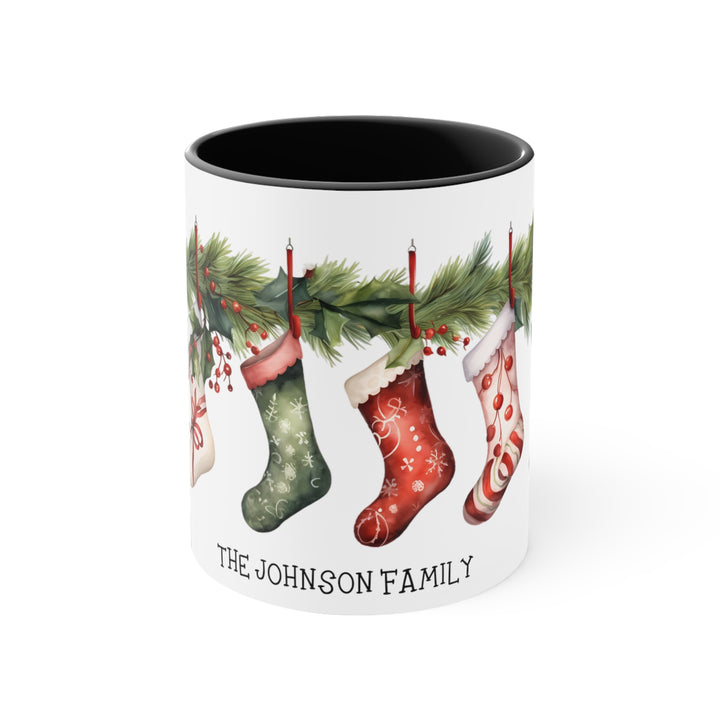 Personalized 11oz Ceramic Coffee Mug With Red And Green Holiday Stockings
