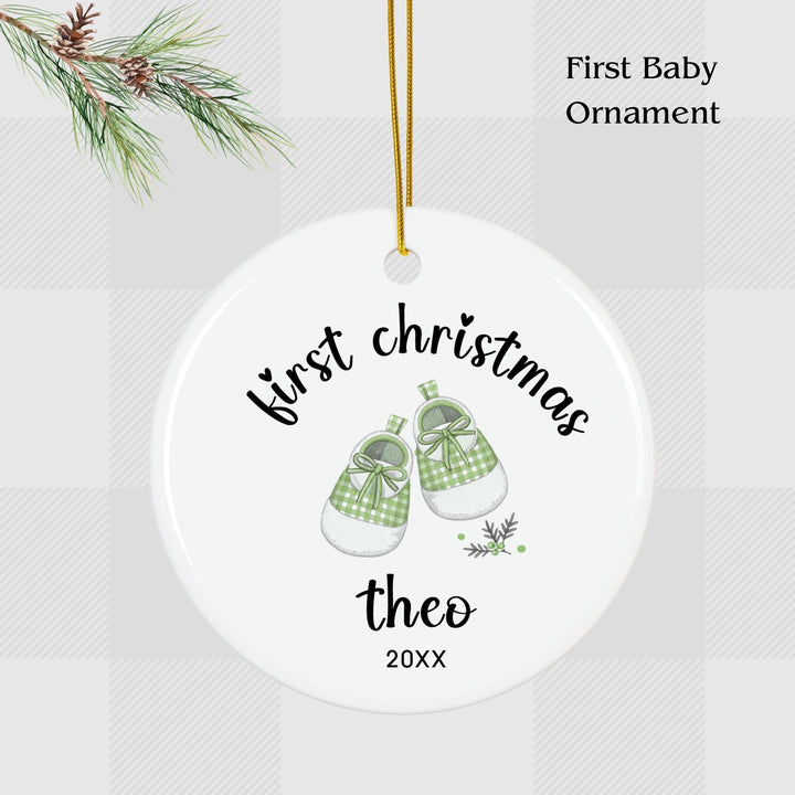 Personalized Christmas Ornament: Baby Shoes Gingham 1