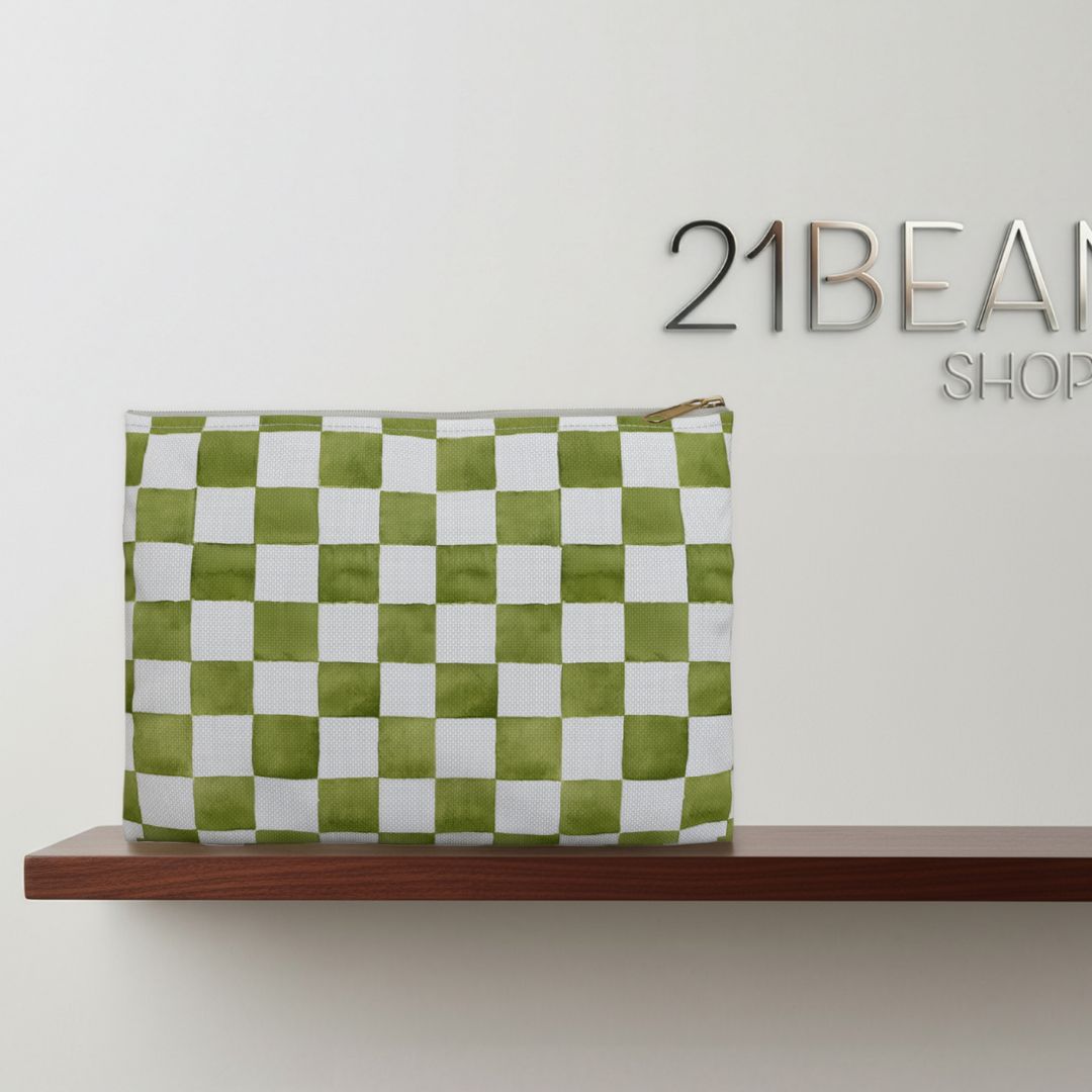 Green Checkered Print Makeup And Accessory Pouch