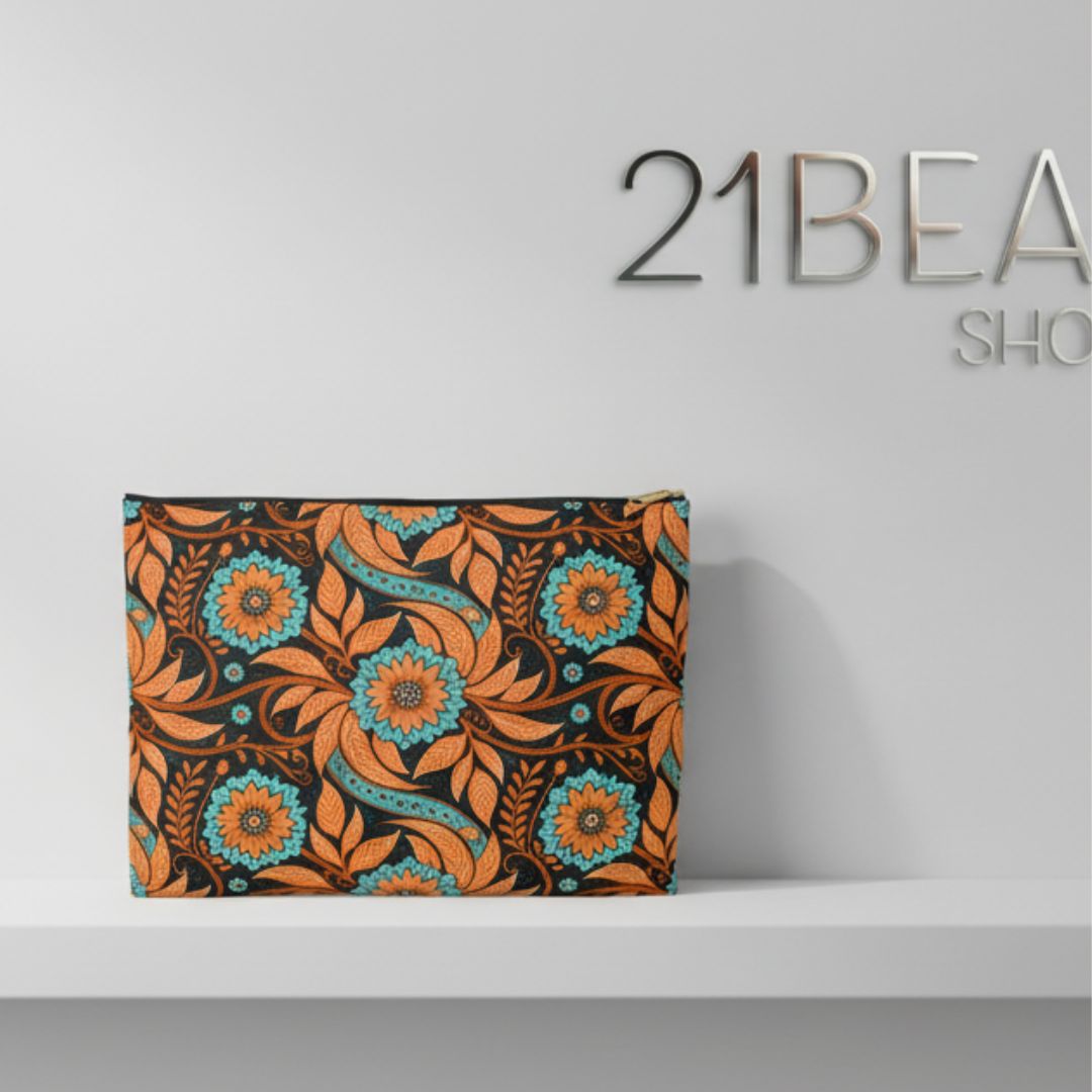 Batik Print Makeup And Accessory Pouch - Orange Teal 3