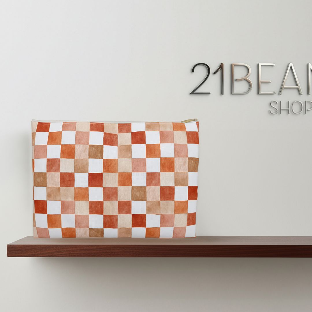 Orange Checkered Print Makeup And Accessory Pouch