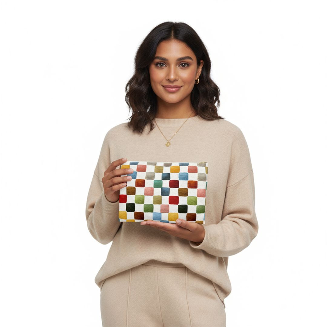 Multicolor Checkers Print Makeup And Accessory Pouch