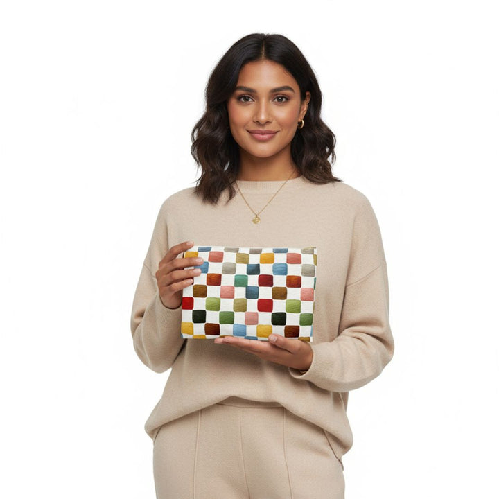 Multicolor Checkers Print Makeup And Accessory Pouch