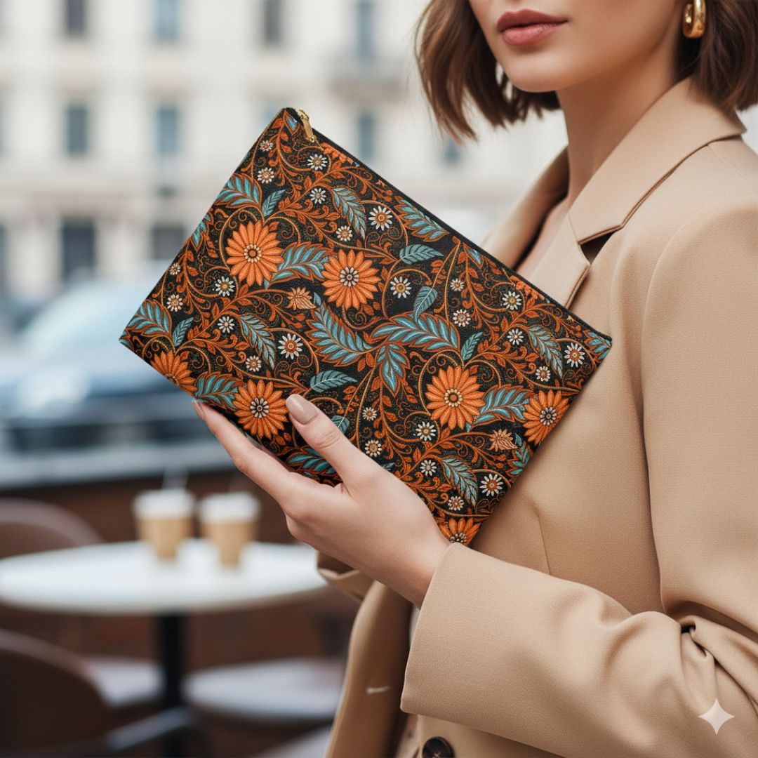 Batik Print Makeup And Accessory Pouch - Orange Teal 1