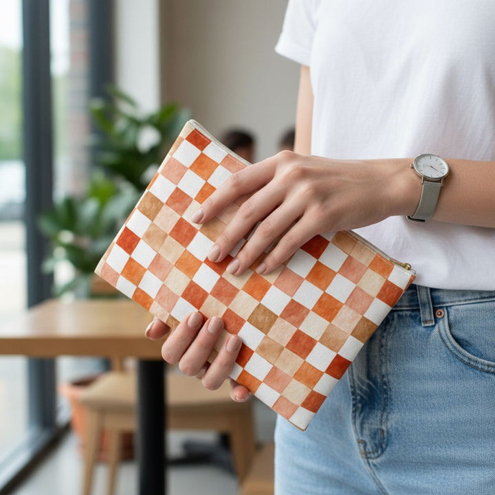 Orange Checkered Print Makeup And Accessory Pouch