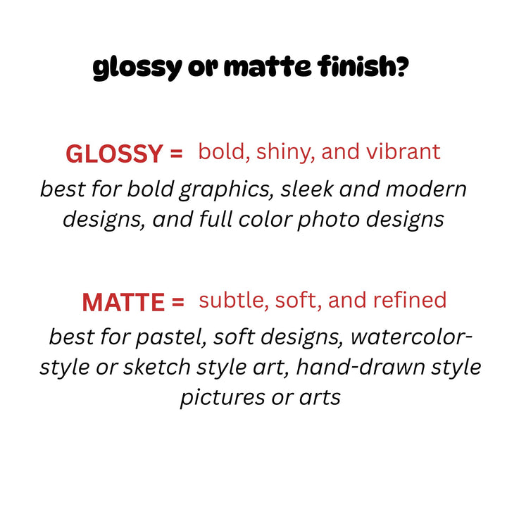 Text comparing glossy and matte finishes with descriptions and examples.