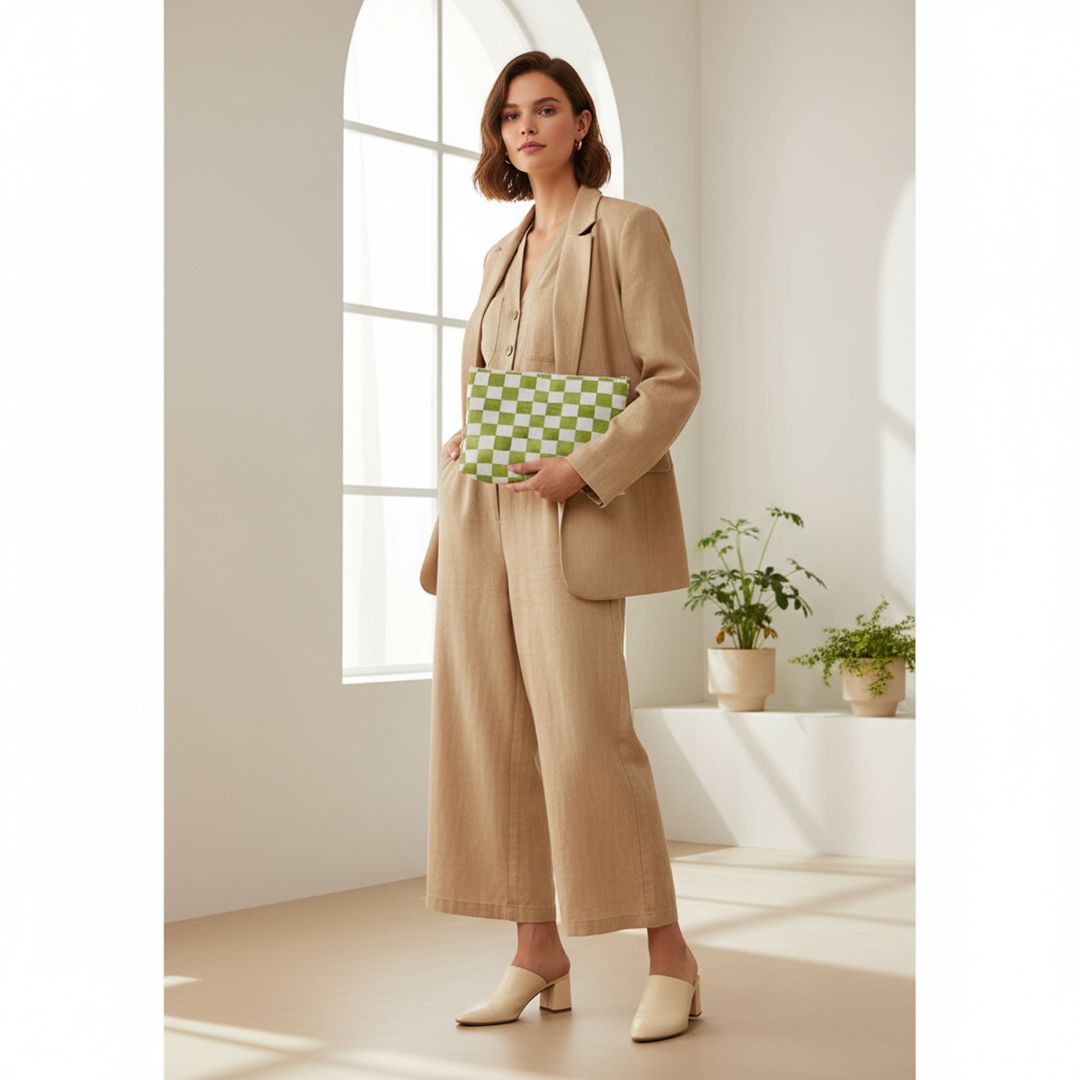 Green Checkered Print Makeup And Accessory Pouch