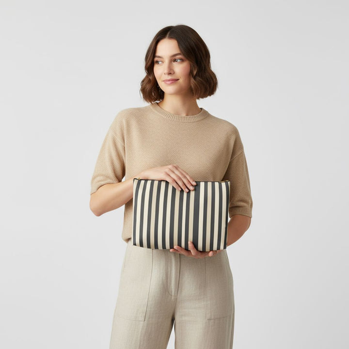 Brown Stripe Print Makeup And Accessory Pouch