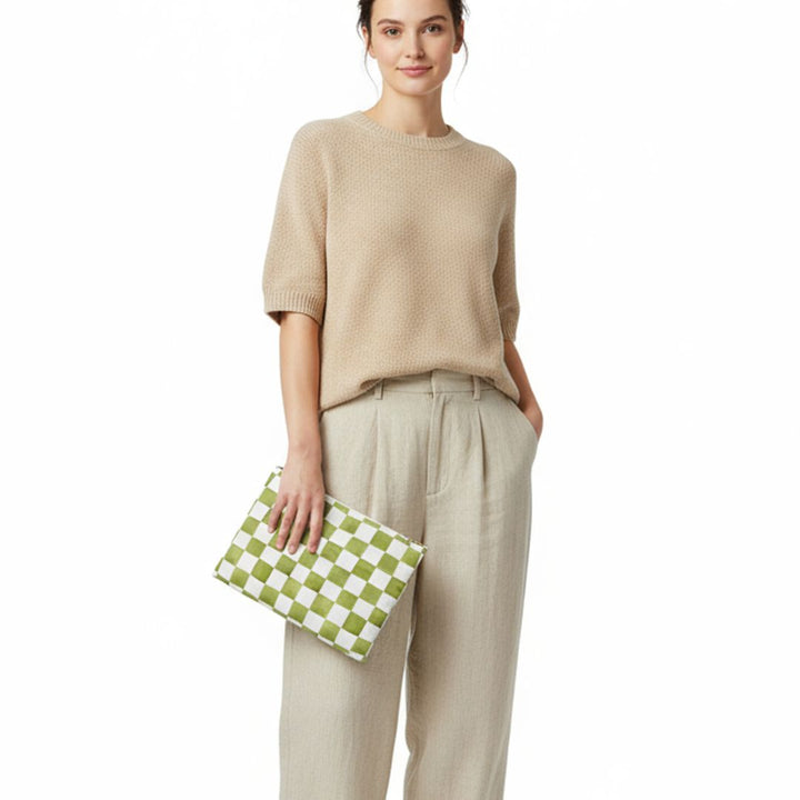 Green Checkered Print Makeup And Accessory Pouch