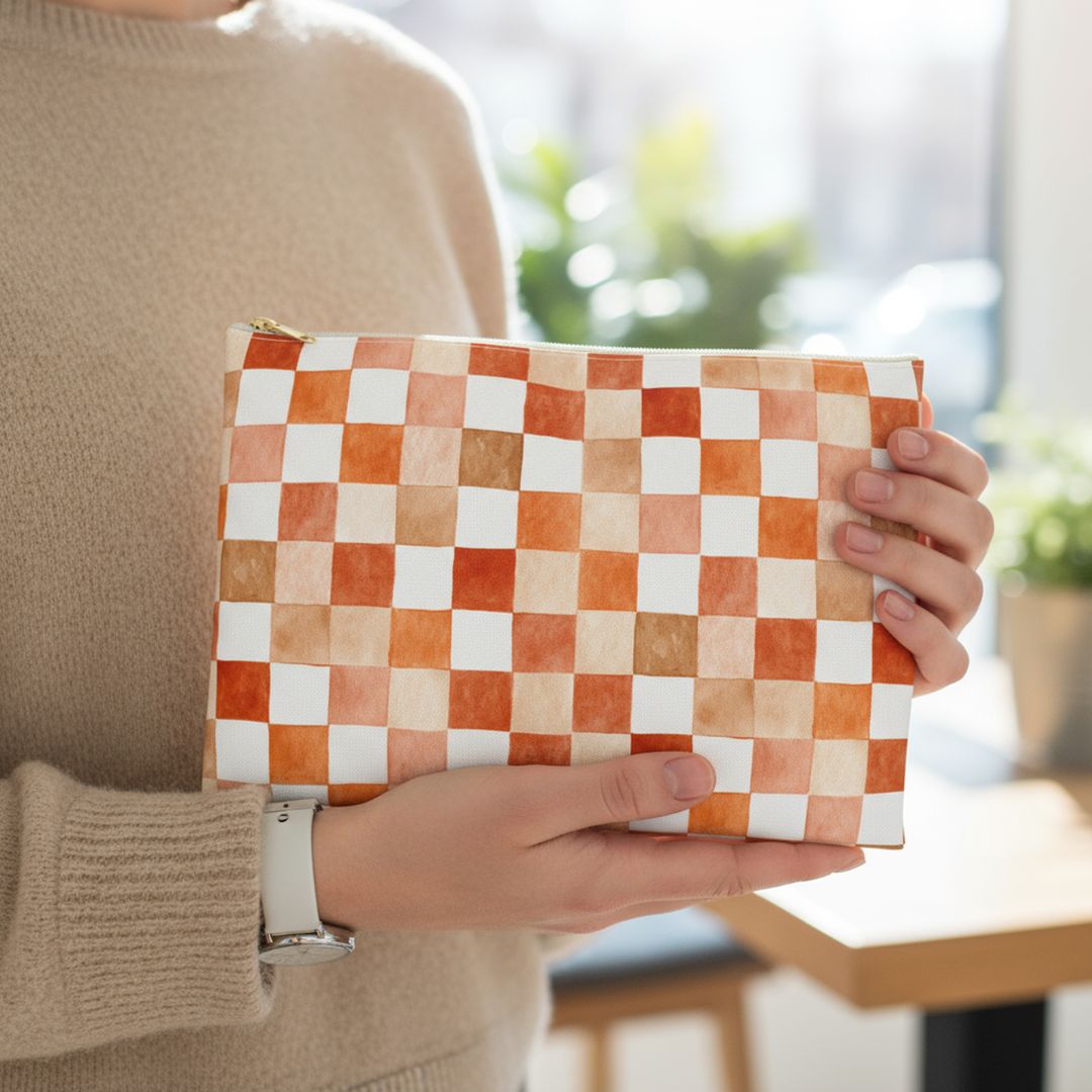 Orange Checkered Print Makeup And Accessory Pouch