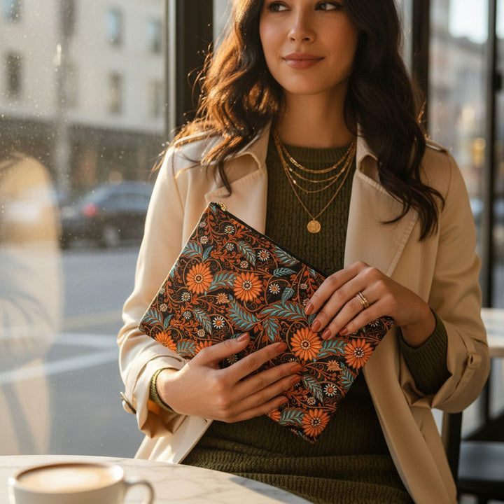 Batik Print Makeup And Accessory Pouch - Orange Teal 2