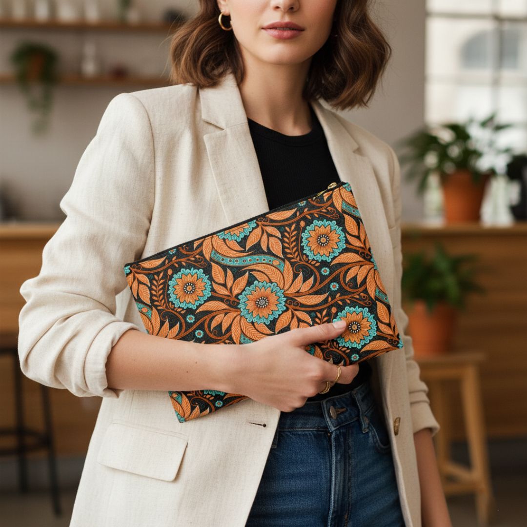 Batik Print Makeup And Accessory Pouch - Orange Teal 3