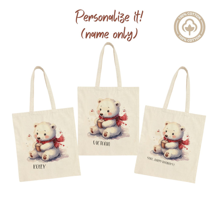 Personalized Cotton Canvas Tote Bag Baby Bear And Hot Cocoa