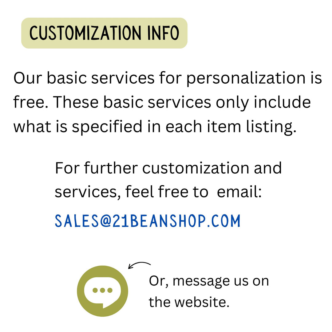 Text explaining customization services for a product listing, with contact information provided.