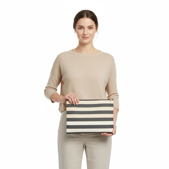 Brown Stripe Horizontal Print Makeup And Accessory Pouch