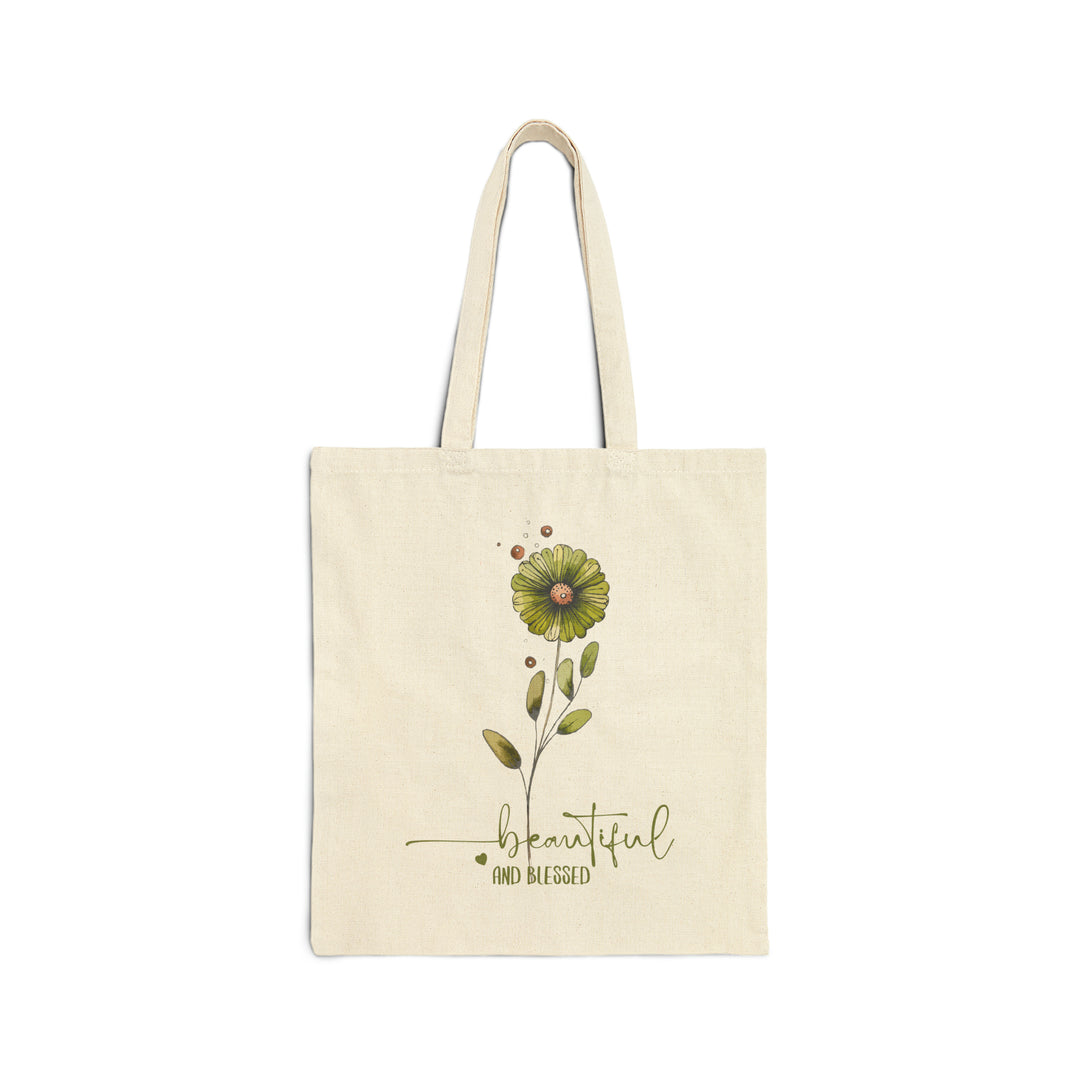 Green Botanical Flowers Cotton Canvas Tote Bag "Beautiful Blessed"