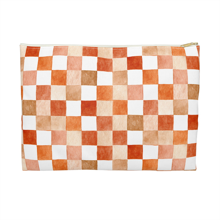 Orange Checkered Print Makeup And Accessory Pouch