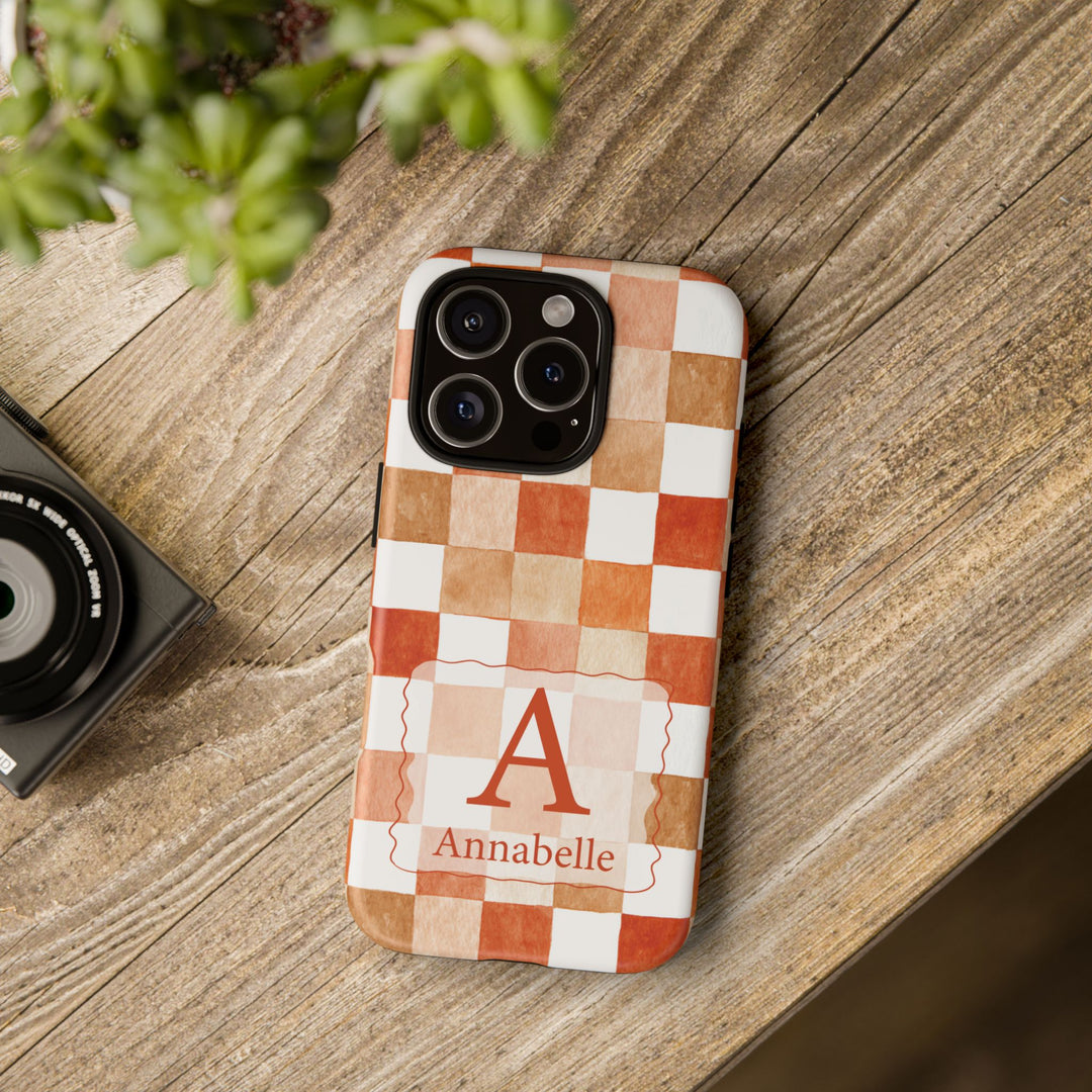 Personalized Tough Phone Case Orange Checkered Pattern