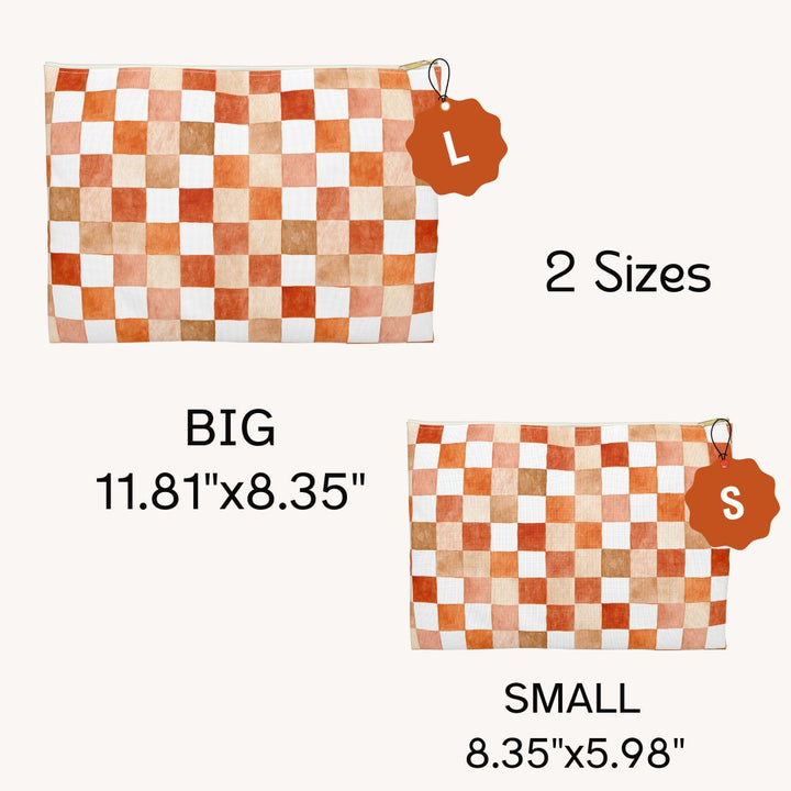 Orange Checkered Print Makeup And Accessory Pouch