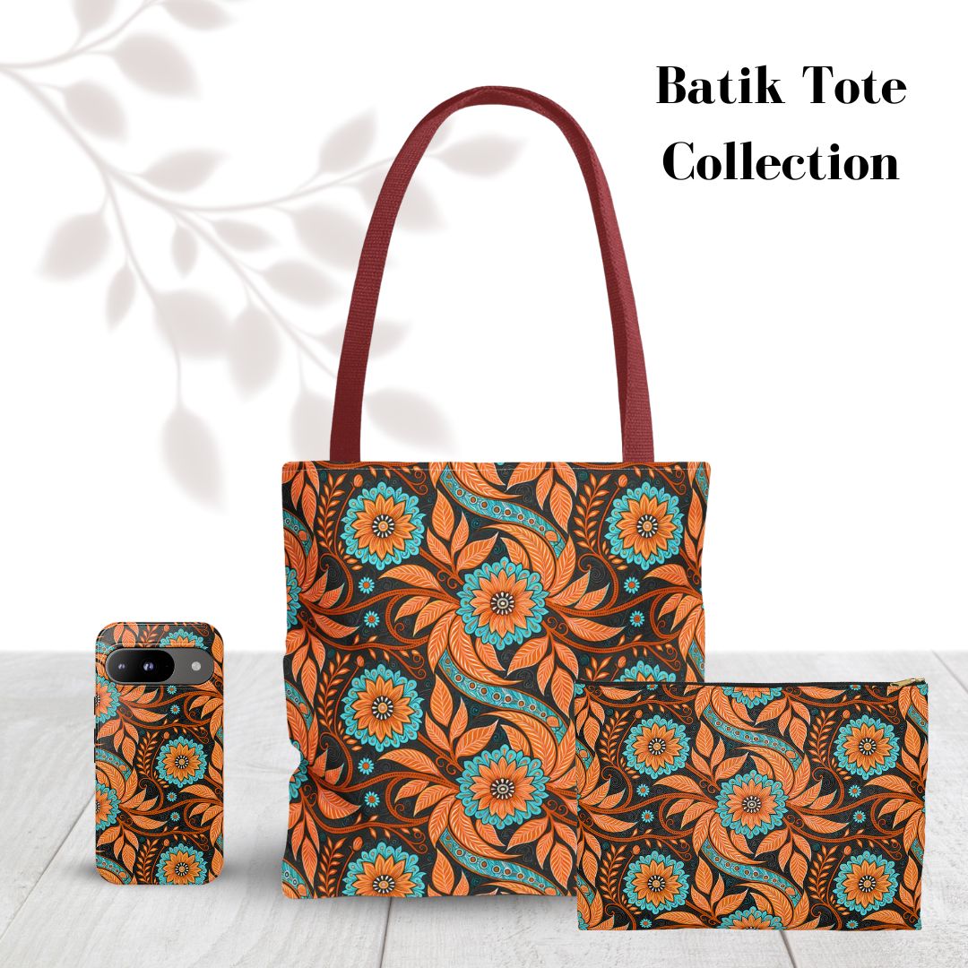 Modern Batik Print Tote Bag -  Orange Teal 3