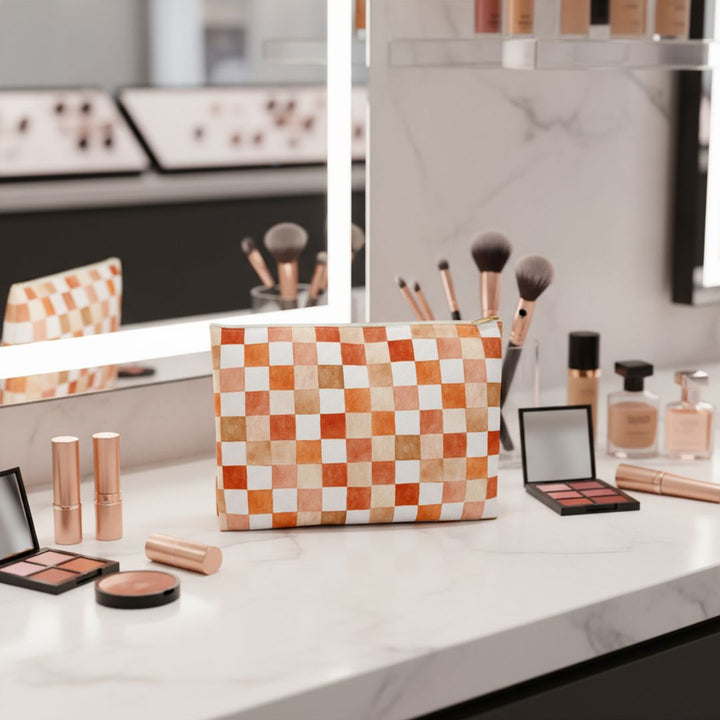 Orange Checkered Print Makeup And Accessory Pouch