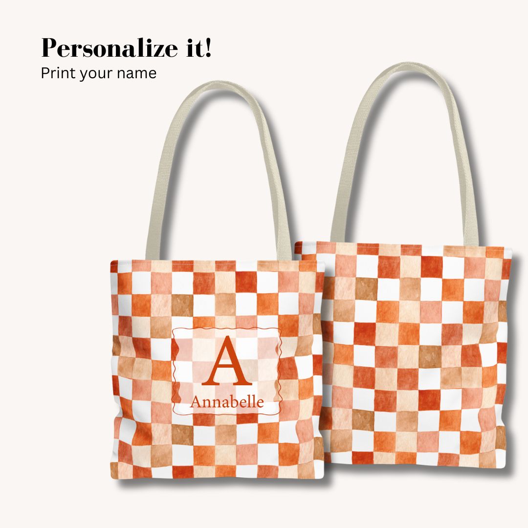 Orange Checkered Print Tote Bag