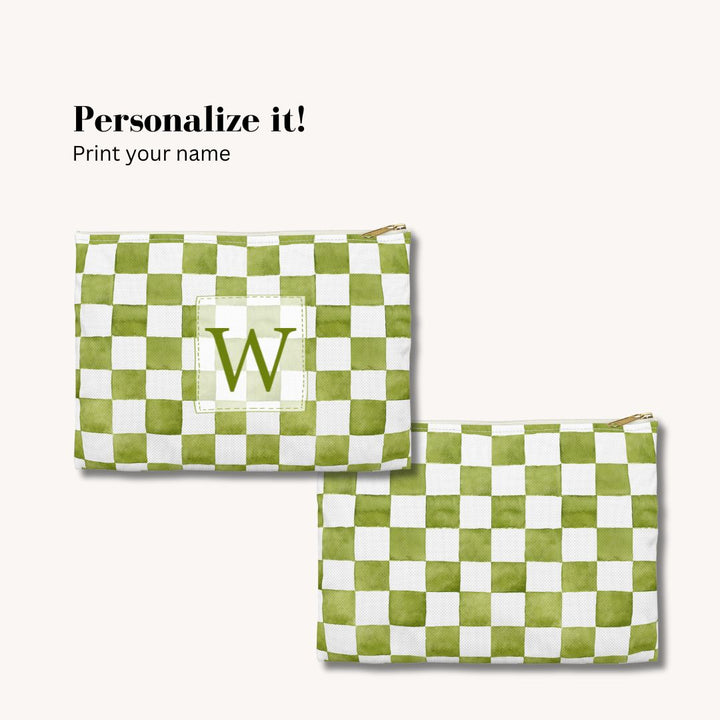 Green Checkered Print Makeup And Accessory Pouch