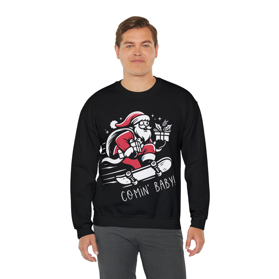 Unisex Heavy Blend™ Crewneck Sweatshirt, Santa On Skateboard: "Comin' Baby"